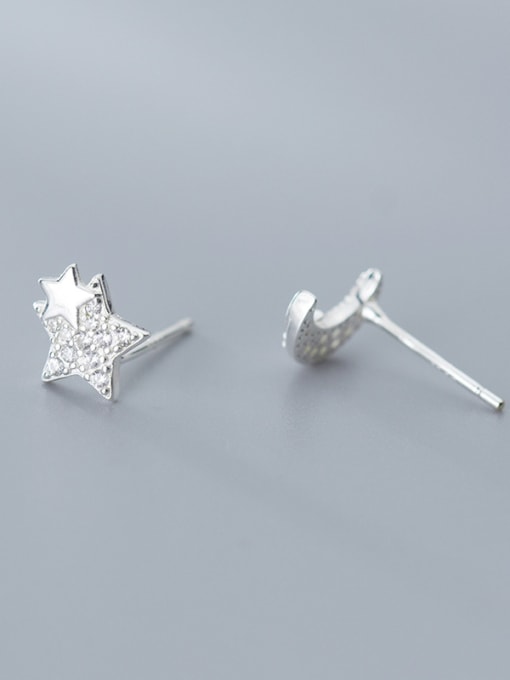Rosh 925 Sterling Silver With Platinum Plated Simplistic Stars moon asymmetry Stud Earrings 1