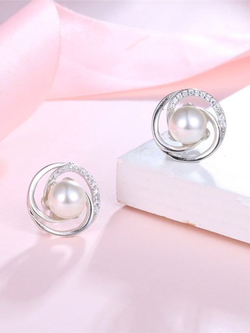 Platinum Women Creative Glass Stone Artificial Pearl Stud Earrings