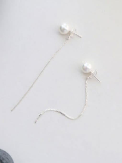 Platinum Simple White Artificial Pearls Slim Line Silver Stud Earrings