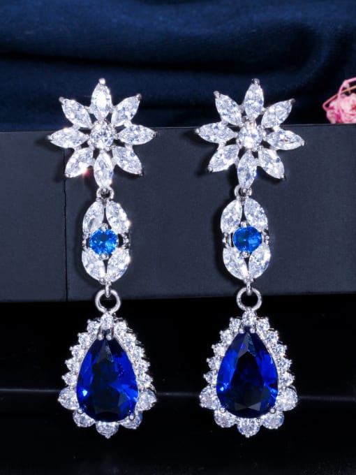 blue Copper With Cubic Zirconia  Luxury Flower Engagement Cluster Earrings