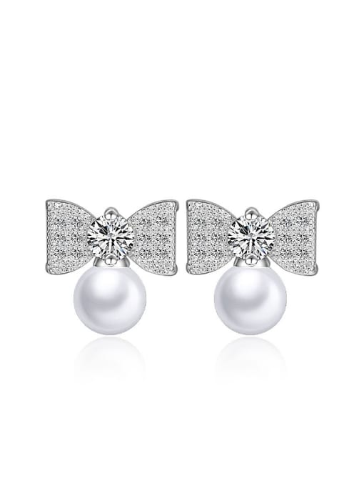 platinum Elegant Shiny Zirconias Bowknot Imitation Pearl Stud Earrings