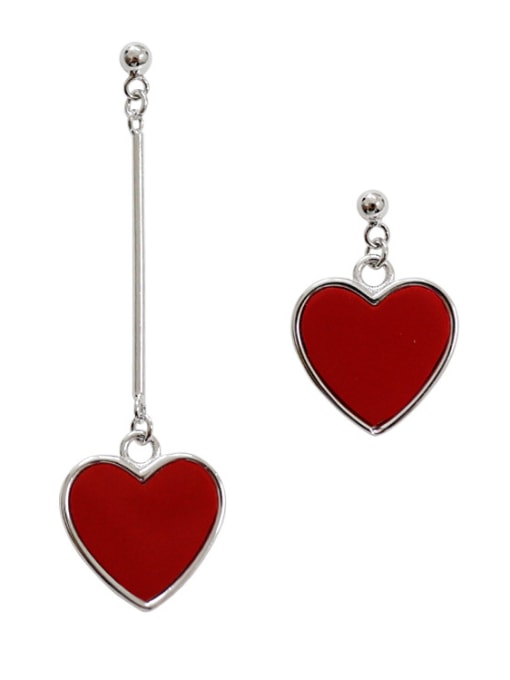 DAKA Asymmetrical Red Heart Silver Stud Earrings 0
