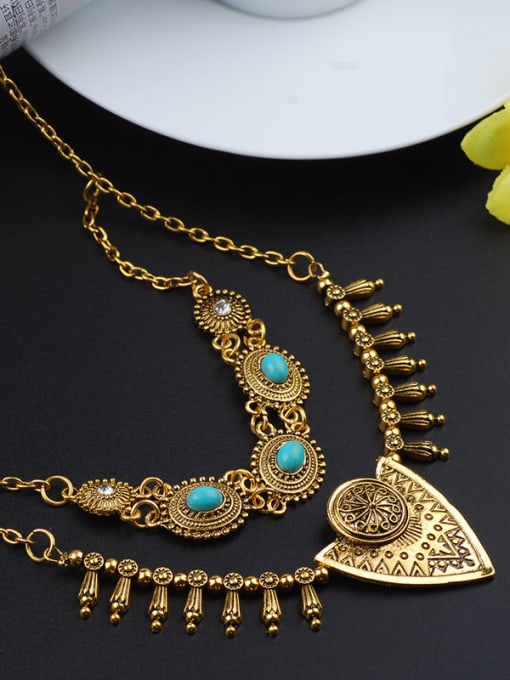 Qunqiu Bohemia style Turquoise stones Double Layers Alloy Necklace 2