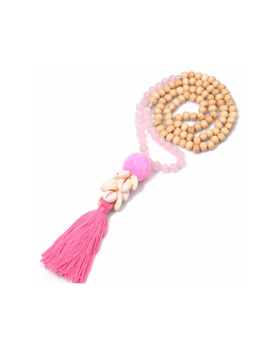 N6028-D (Powder Crystal) Retro Style Wooden Beads Tassel Necklace