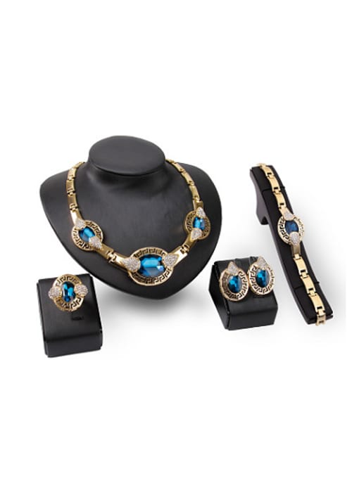 Blue Alloy Imitation-gold Plated Vintage style Stone Oval Four Pieces Jewelry Set