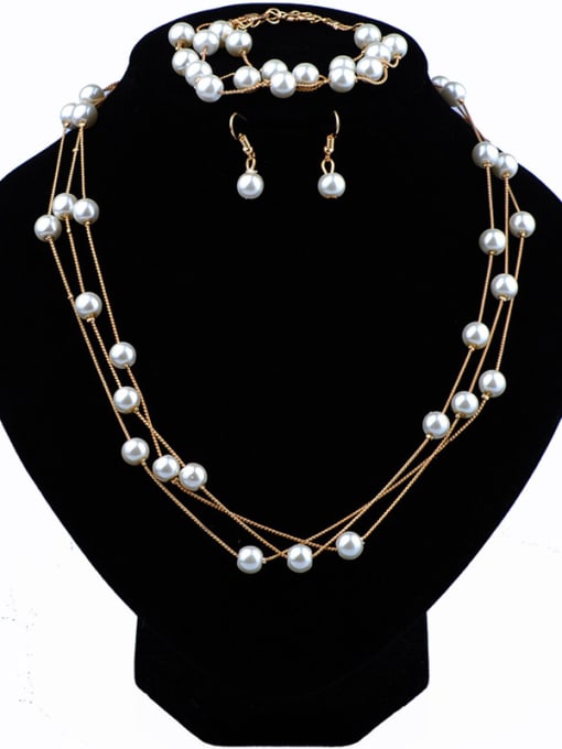 Qunqiu Fashion Elegant White Imitation Pearls Multi-layers Three Pieces Jewelry Set 0
