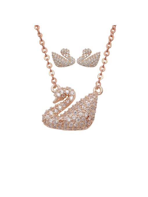 rose Copper With Gold Plated Delicate Swan  Earrings And Necklaces 2 Piece Jewelry Set
