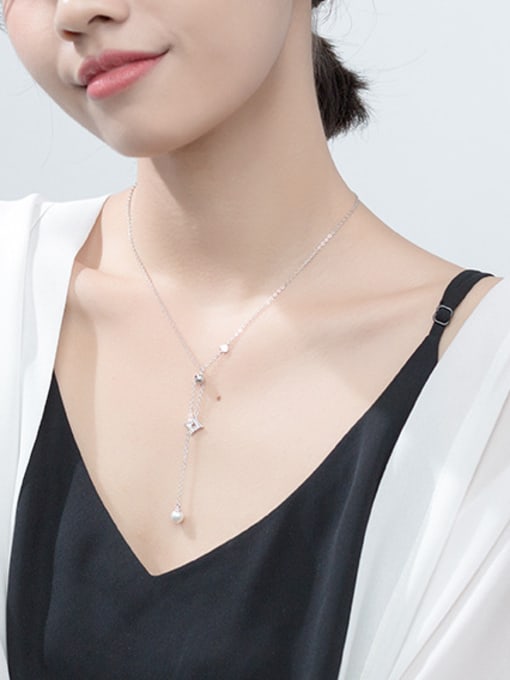 Rosh Sterling silver micro-inlay zricon geometric sweet synthetic pearl clavicle chain 1