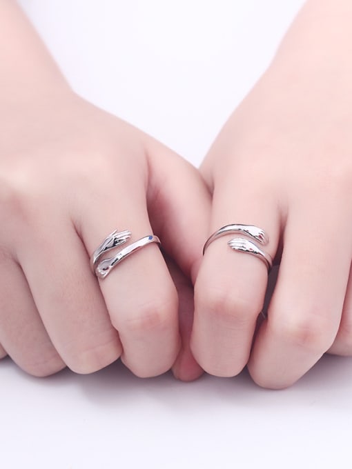 Dan 925 Sterling Silver With White Glossy  Simplistic Hands folded Lovers Free Size  Rings 2