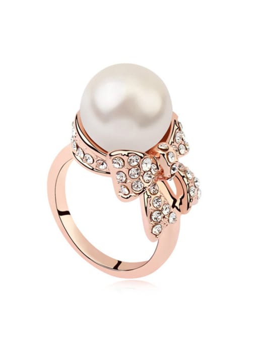 White Fashion Imitation Pearl Crystals-covered Bowknot Alloy Ring