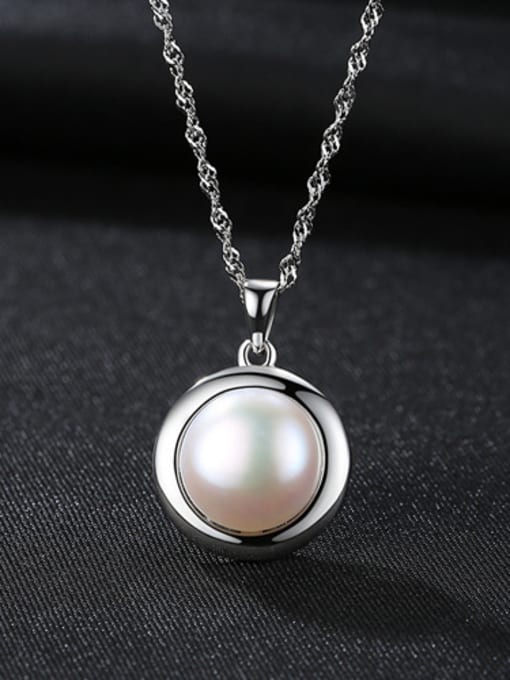 White Pure silver natural pearl  minimalist round design necklace