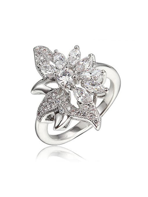 SANTIAGO Exquisite 18K White Gold Plated Flower Shaped Zircon Ring 0