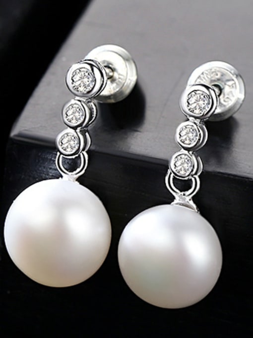white-1C07 925 Sterling Silver With Platinum Plated Fashion Round Drop Earrings