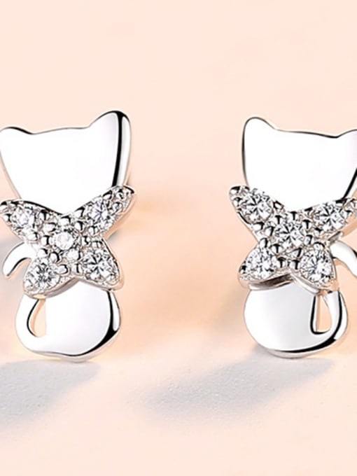 platinum 925 Sterling Silver Cubic Zirconia  Cute Cat Stud Earrings