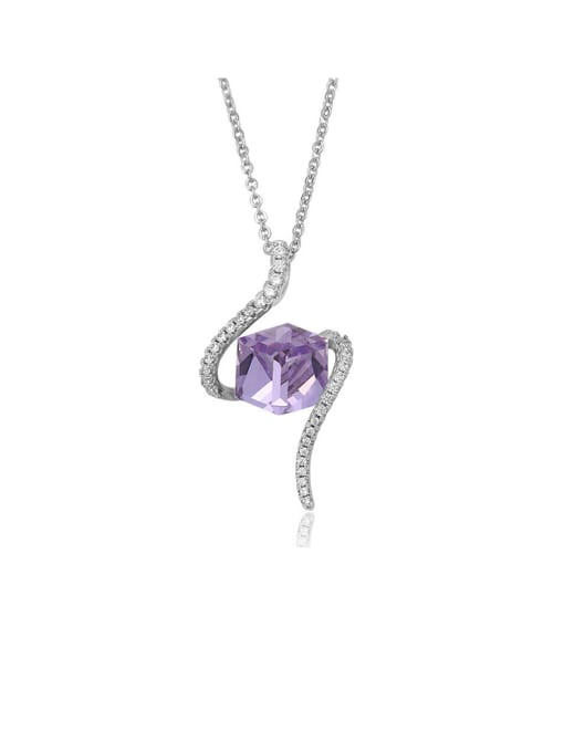 Purple Copper Alloy White Gold Plated Cube Crystal Necklace