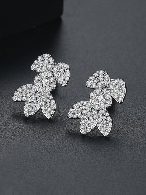 BLING SU Copper With Platinum Plated Delicate Leaf Cluster Earrings 3