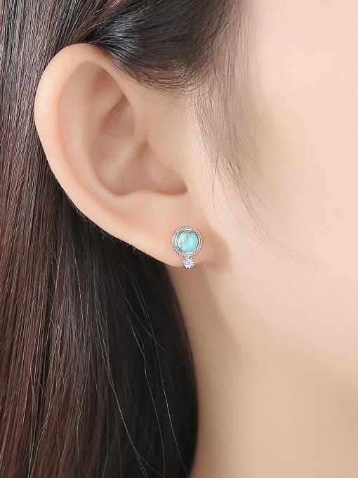 CCUI 925 Sterling Silver With Turquoise Vintage Sliver Round Stud Earrings 1