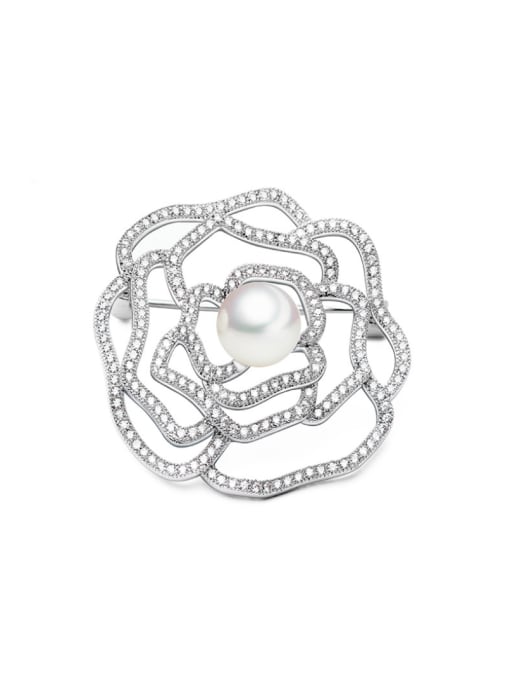 BLING SU Copper inlaid AAA zircon synthetic Pearl Flower Brooch 0