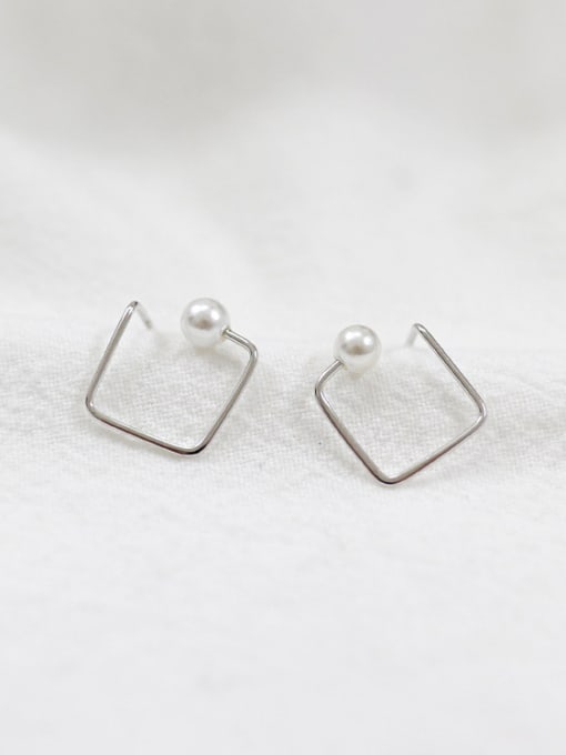 DAKA Simple Artificial Pearl Hollow Opening Square Silver Stud Earrings 2