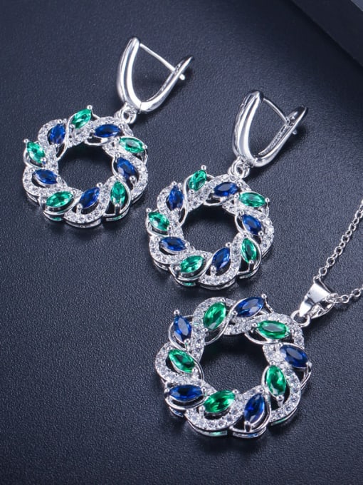 Blue And Green Fashion Round Zircon Earring Pendant Two-Piece Set