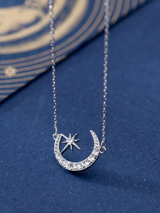 Rosh 925 Sterling Silver With Platinum Plated Simplistic Moon Necklaces