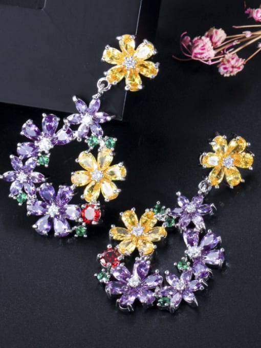 Violet Copper With Platinum Plated Luxury Flower Chandelier Earrings