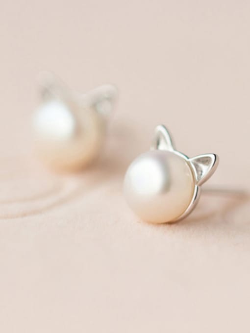 Stud Earrings Small Pearl 5-6mm Lovely Cat Shaped S925 Silver Artificial Pearl Stud Earrings