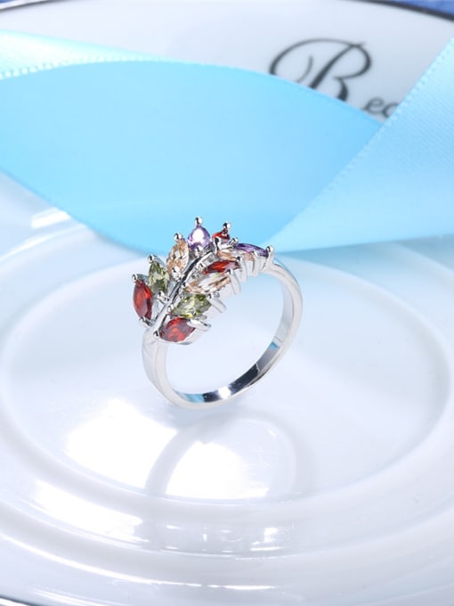 Platinum Personality Multi-color Leaf Shaped Zircon Ring