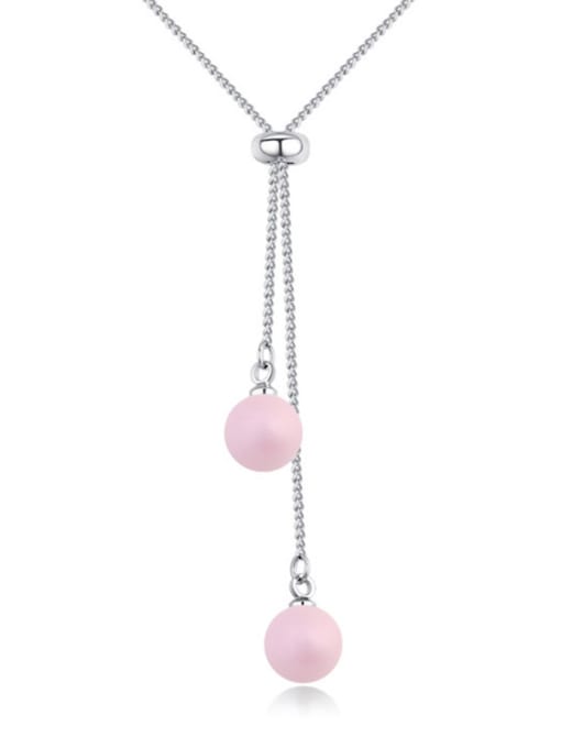 Pink Simple Two Imitation Pearls Tassel Pendant Alloy Necklace