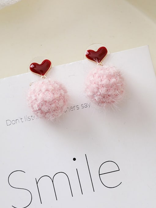 A Pink Alloy With Rose Gold Plated Cute Round Wool  Ball Drop Earrings