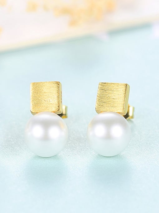 gold 925 Sterling Silver With Artificial Pearl Simplistic Square Stud Earrings