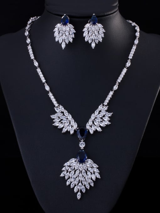 Platinum Blue Zirconium Flower Zircon Two Piece Jewelry Set