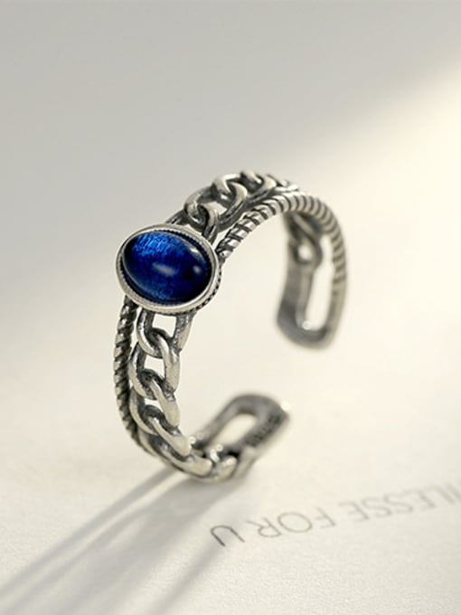 Blue 925 Sterling Silver With Tiger Eye Vintage Oval Free Size Rings
