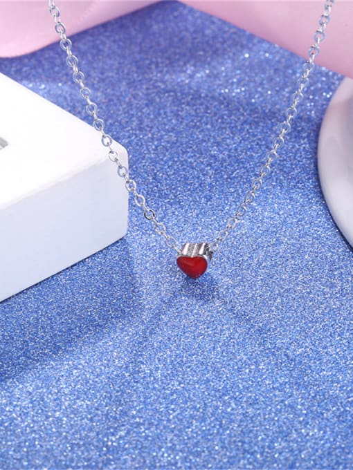 Silvery Elegant Red Heart Shaped Enamel Necklace