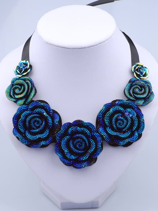 Blue Exaggerated Black Ribbon Chain Cloth Rosary Flowers Necklace