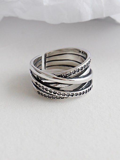 DAKA 925 Sterling Silver With Antique Silver Plated Vintage Multi-layer line  free size Rings 4