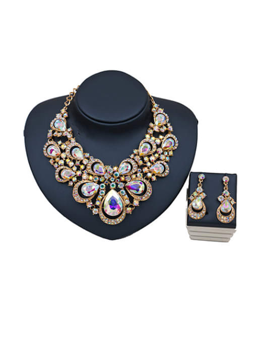 multi-color Water Drop Glass Rhinestones Statement Two Pieces Jewelry Set