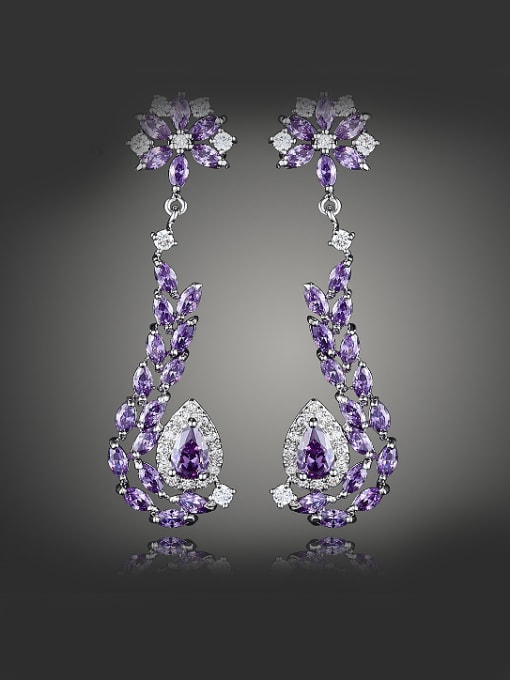 Purple Fashion Shiny Zirconias Flowery Copper Drop Earrings