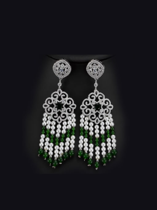 Green Natural Pearls Tassel Drop Chandelier earring