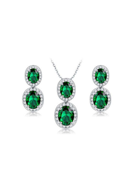 Platinum Green Oval Shaped AAA Zircon Two Pieces Jewelry Set