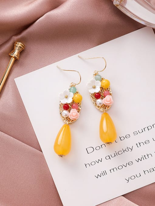 D oval yellow Alloy With Gold Plated Vintage Flower Hook Earrings