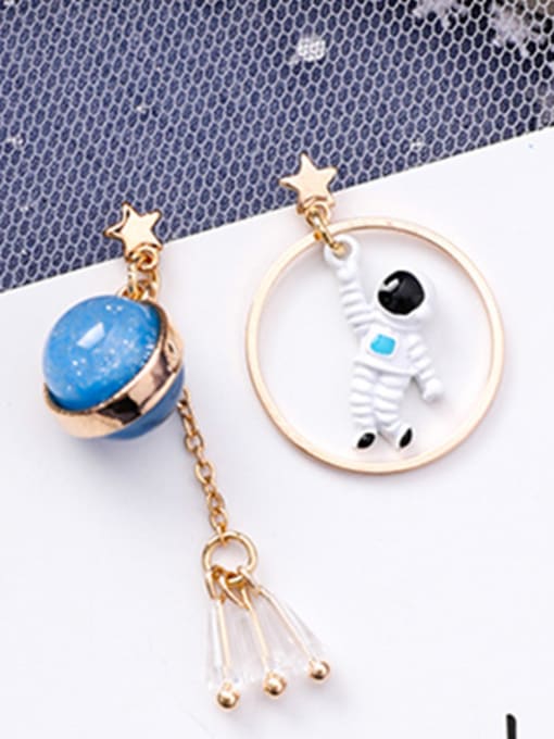 Girlhood Alloy With Rose Gold Plated Cute Astronaut Asymmetry Planet Moon Drop Earrings 1