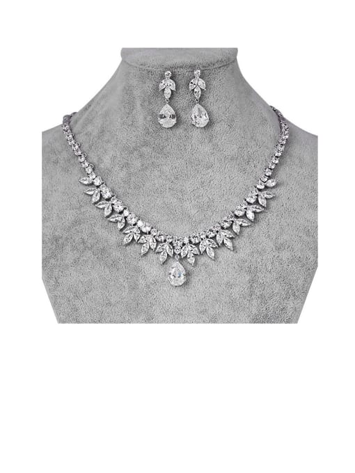 Platinum Copper With Cubic Zirconia Luxury Water Drop Earrings And Necklaces 2 Piece Jewelry Set