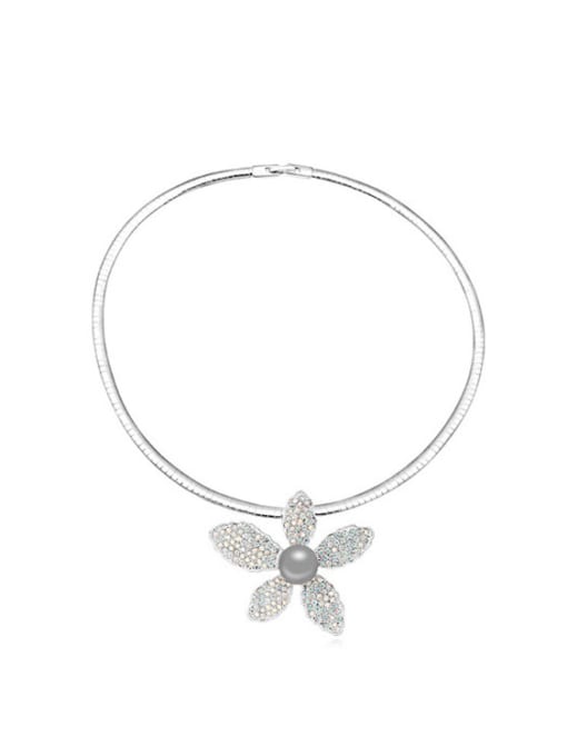 QIANZI Simple Imitation Pearl Tiny austrian Crystals Flowery Alloy Necklace 3