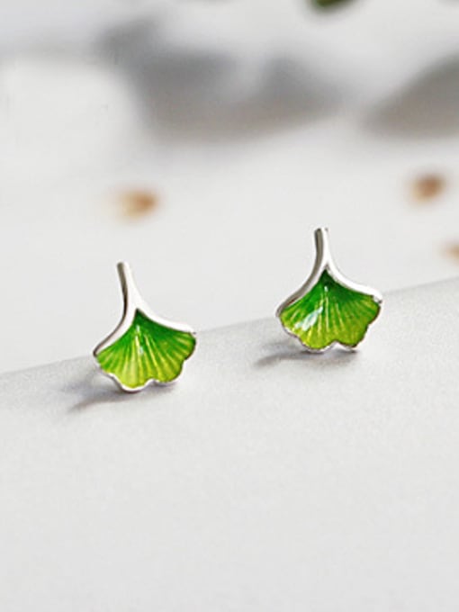 Green Tiny Gingko Leaf Silver Stud Earrings