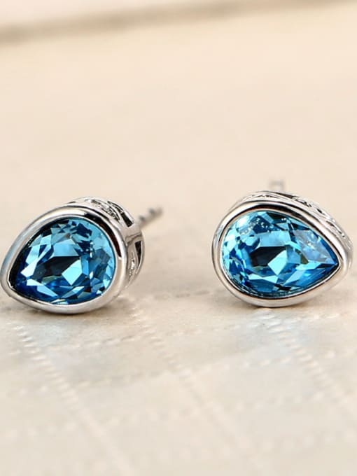 Blue Copper Alloy White Gold Plated Water Drop Artificial Crystal stud Earring