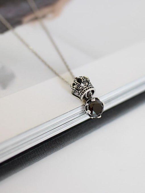 DAKA Retro style Black Zircon Little Crown Silver Necklace