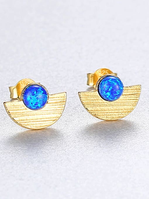 Blue-Gold 925 Sterling  Silver With Opal  Simplistic Semicircle Stud Earrings