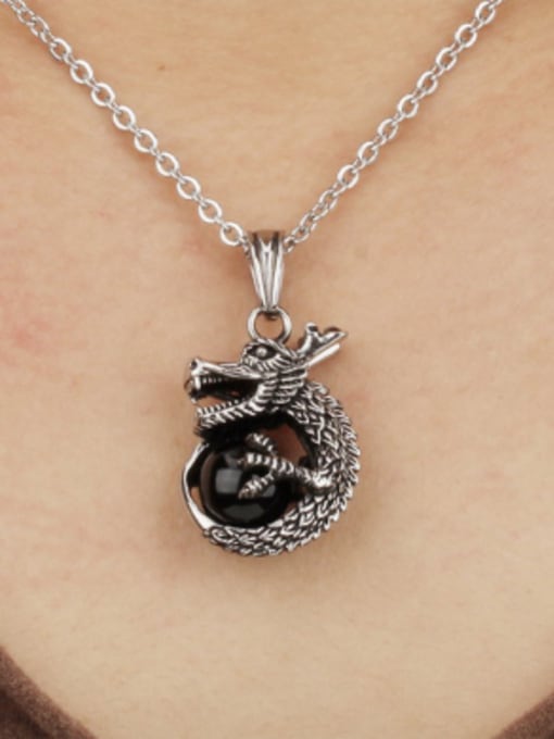 Open Sky Personalized Dragon Black Stone Titanium Men Necklace 1