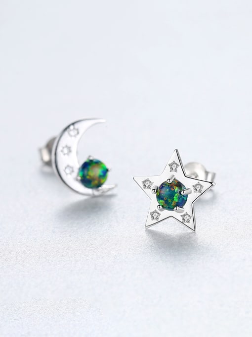 CCUI 925 Sterling Silver With  Opal Cute Star  Moon Asymmetry  Stud Earrings 3